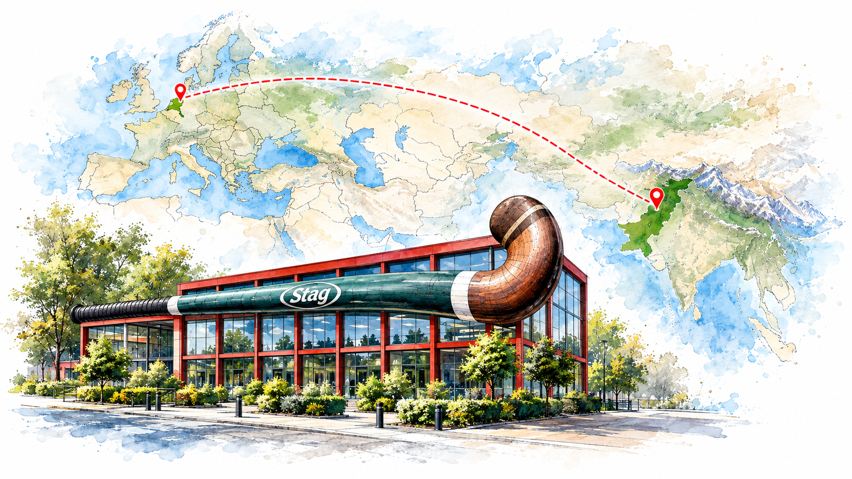 Illustration of the giant hockey stick and its journey from Pakistan to the Netherlands